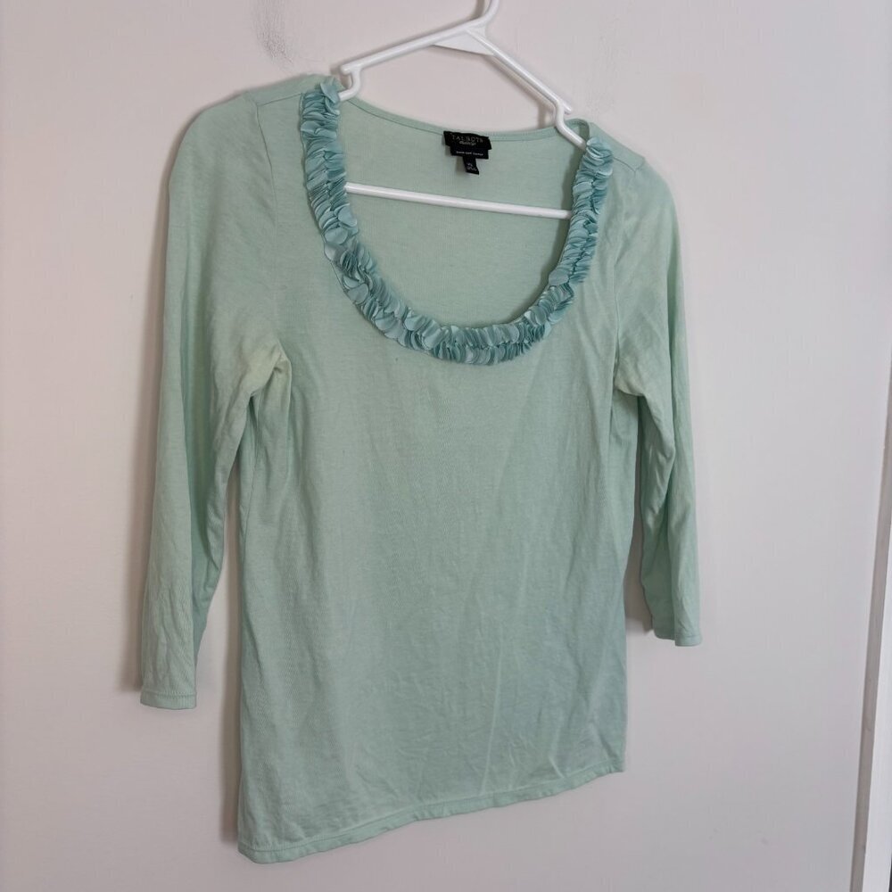 TALBOTS Ruffle Neck Top Womens XS Super Soft Cotton Green Stretch 3/4 Sleeve